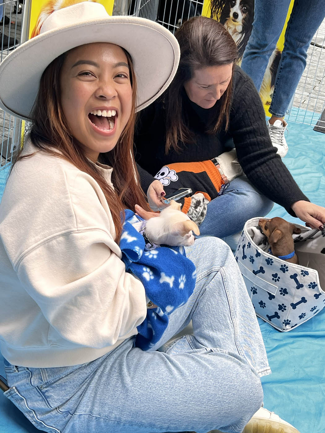 A girl in white clothing holding an adorable Puppy Love furry companion - Los Angeles to San Diego company wellness programs.